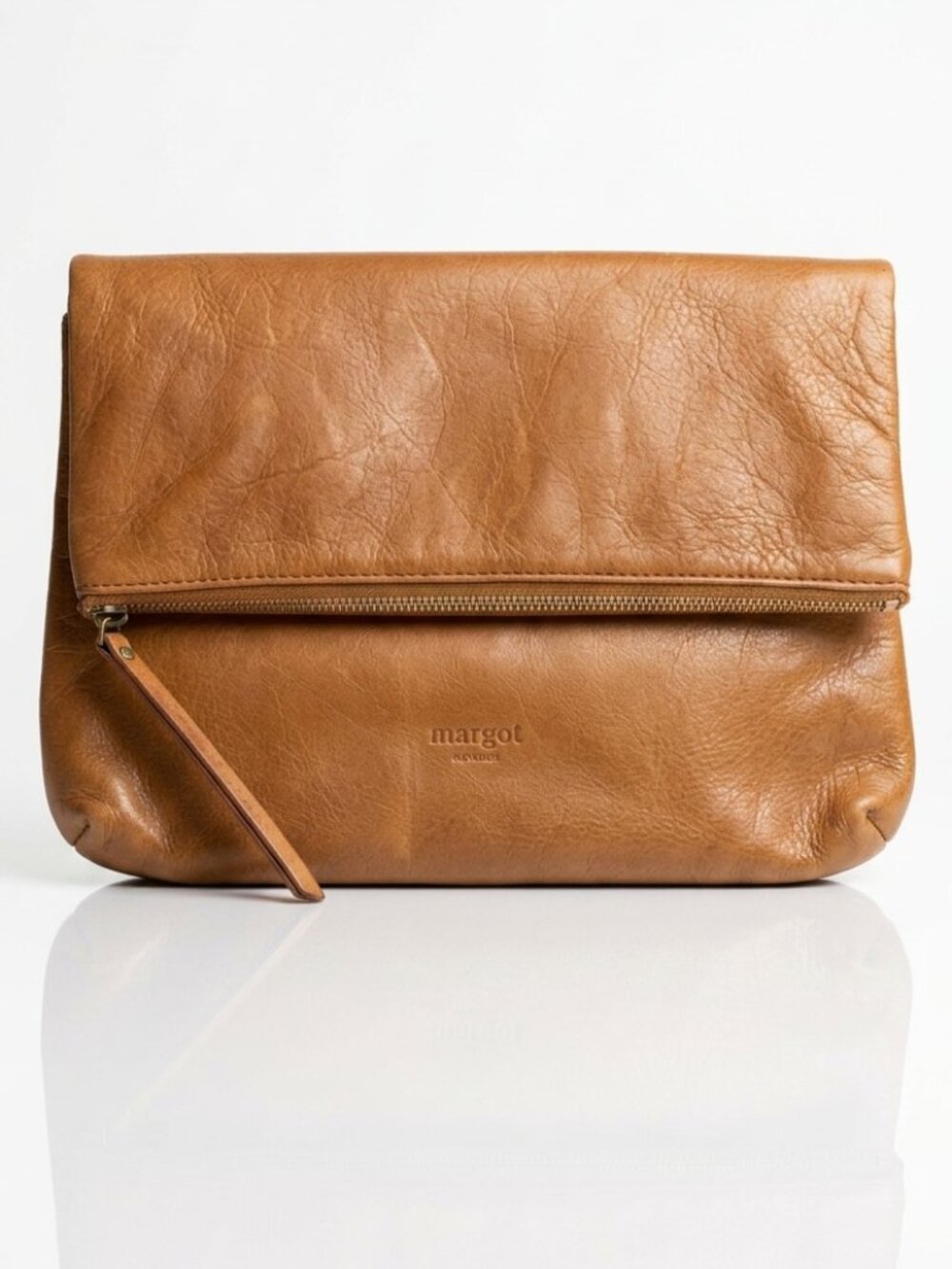MARGOT Robbie Foldover Leather Clutch Bag Whiskey Brown